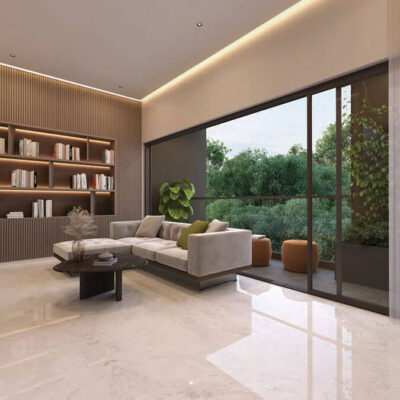 Spacious living room interior of a Riviera Uno villa with large windows and natural light