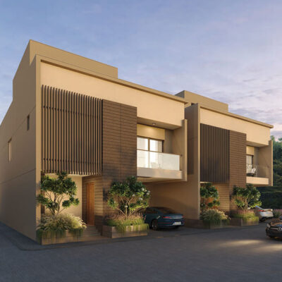 Front elevation of Riviera Uno luxury 4 BHK villa showcasing modern architecture and sun-moon themed design