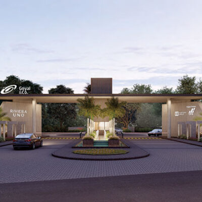 Exterior view of Riviera Uno 4 BHK villa with modern architecture and landscaped gardens