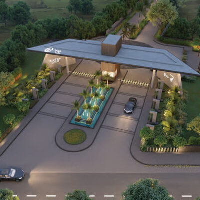 Front elevation of Riviera Uno luxury villa showcasing modern architectural design with glass and stone finishes