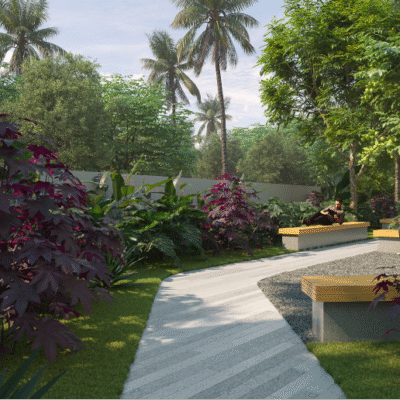 Gated lush tropical villa community entrance at Atmos Tropicalwoods, Yelahanka Bangalore