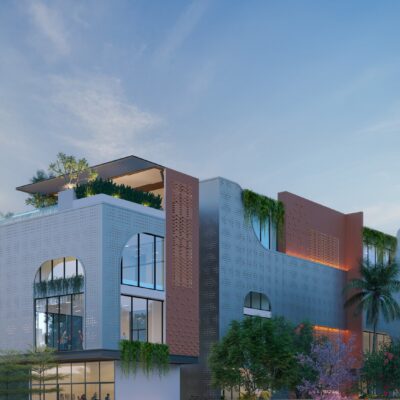 Split-level 3 BHK villa terrace view showcasing tropical theme in Yelahanka, Bangalore