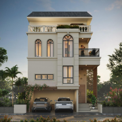 Night view of illuminated villas at Preeti Aarna Ville, Bangalore